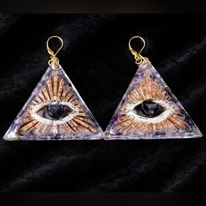 Mystical Eye Triangle Earrings with Gold and Purple Accents
